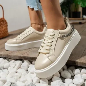 Romboom Women'S Fashion Round Toe Chain Lace Up Low Top Solid PU Thick-Soled Sneakers