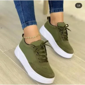 Romboom Women'S Fashion Casual Round Toe Thick-Soled Lace Up Canvas Sneakers