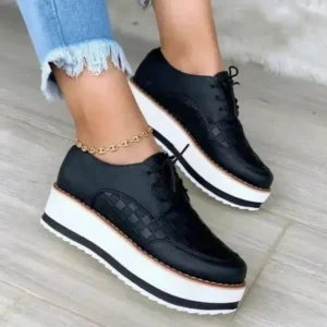 Romboom Women'S Fashion Vintage Lace-Up Solid Color Flat Slip-On PU Sneakers Shoes