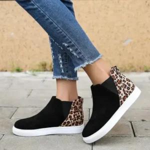 Romboom Women Fashion Round Toe Leopard Flat Elastic Slip-On Sneakers