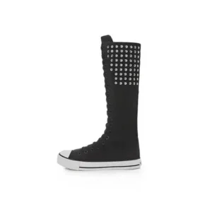 Romboom Women Fashion Rivet Decor Side Zipper Canvas High Boots