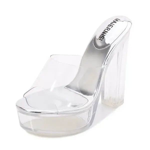 Romboom Women Fashion Plus Size Transparent Crystal Chunky Heel Platform High