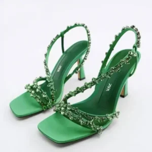 Romboom Women Fashion Plus Size Sexy Rhinestone Strap Square Toe Heeled Sandals