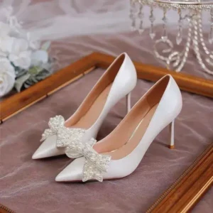 Romboom Women Fashion Sexy Pointed Satin Pearl Pointed Toe Shoes