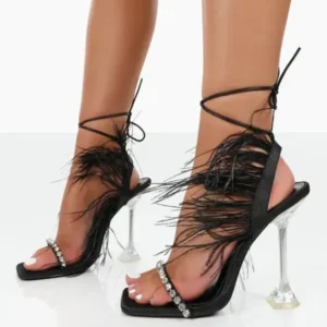 Romboom Women Fashion Sexy Rhinestone Feather Decorative Solid Color High Heel Sandals Shoes