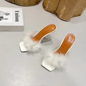 Romboom Women Fashion Sexy Feather Decoration Solid Color Chunky High Heel Slippers Shoes