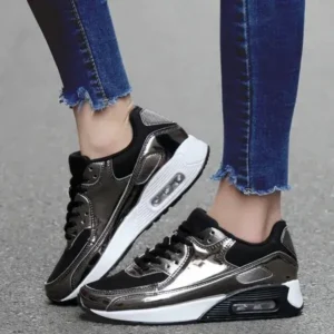 Romboom Women Casual Sports Lace Up Design Shiny Air Cushion Platform Sneakers