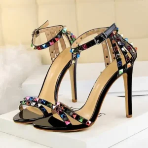 Romboom Fashion Women Sexy 11cm High Heels Rivets Studded Sandals Ankle Buckle Strap Stiletto Shoes