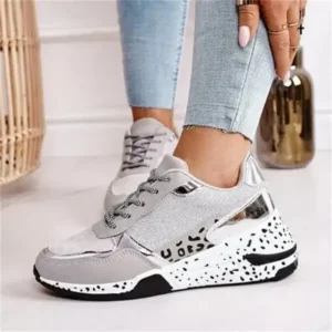 Romboom Women Fashion Casual Leopard Print Color Matching Lace-Up Platform Sneakers