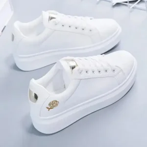 Romboom Women Casual Fashion Rose Embroidery Thick-Soled Comfortable PU Leather White Sneakers