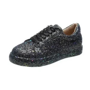 Romboom Women Creative Casual Sequined Solid Color Lace-Up Low-Top Flat Sneakers