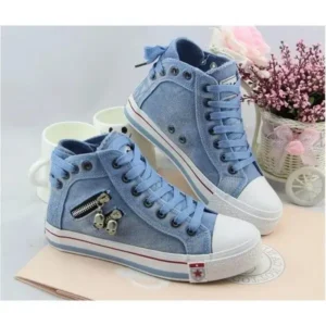 Romboom Women Casual Spring Zipper Decor Lace-Up High Top Denim Canvas Sneakers