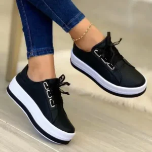 Romboom Women Casual Round Toe Lace-Up Block Color Platform Shoes PU Sneakers