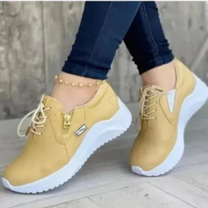 Romboom Women Casual Round Toe Low Cut Lace-Up PU Side Zipper Design Solid Color Sneakers