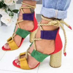 Romboom Women Fashion Sexy Cross Hollow Lace Up Design Color Blocking High Heel Sandals Shoes