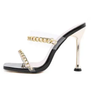 Romboom Women Sexy Plus Size Metal Chain Square-Toe High Heel Sandals