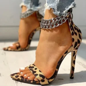 Romboom Women Sexy Metal Chain Buckle Ankle Strap Animal Printed High Heels