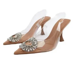 Romboom Summer Women Fashion Plus Size Pointed Toe Rhinestone Transparent Heeled Sandals