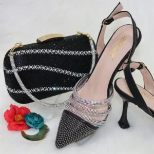 Romboom Women Classic Black Pointed Shoes Transparent Pvc Rhinestone Chain Square Hand Bag Set