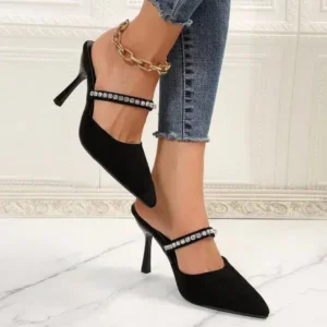 Romboom Summer Women Fashion Plus Size Elegant Pointed Toe Strap Rhinestone Stiletto Heel Slippers