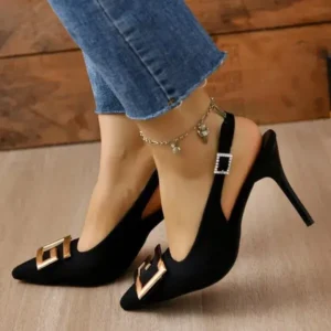 Romboom Summer Women Fashion Casual Plus Size Solid Color Pointed Toe Metal Buckle Sling Back High Heel Sandals