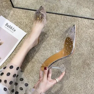 Romboom Women Fashion Sexy Rhinestone Decorative Pointed Toe Transparent High Heel Sandals