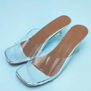 Romboom Women Fashion Casual Square Toe Transparent Design Mid Heel Slippers