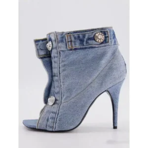 Romboom Women Fashion High Heel Denim Button High Top Boots