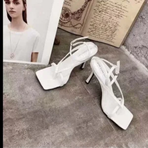 Romboom Women Fashion Sexy PU Solid Color Square Toe Stiletto Heel Ankle Strap Buckle Thong Sandals