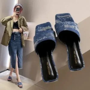 Romboom Women Fashion Casual PU Denim Square Toe Chunky Heel Slippers