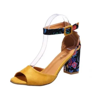 Romboom Women Fashion Sexy PU Floral Printed Peep Toe Chunky Heel Ankle Strap Buckle Sandals