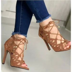 Romboom Women Fashion Sexy Solid Color Hollow Peep Toe Stiletto Heel Bandage Sandals