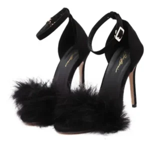 Romboom Women Fashion Sexy PU Solid Color Feather Peep Toe Stiletto Heel Ankle Strap Buckle Sandals