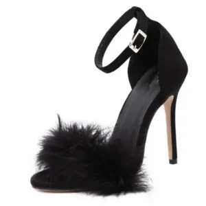 Romboom Women Fashion Sexy Solid Color Feather Peep Toe Stiletto Heel Ankle Strap Buckle Sandals