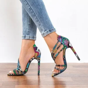 Romboom Women Fashion Sexy PU Snake Patterned Pointed Toe Stiletto Heel Sandals