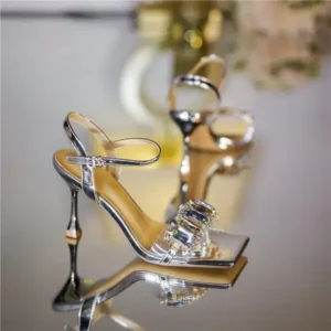 Romboom Women Fashion Sexy PU Rhinestone Square Toe Ankle Strap Buckle Stiletto Heel Sandals