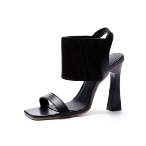 Romboom Women Fashion Elegant Solid ColorPU Square Toe Chunky Heel Elastic Sandals