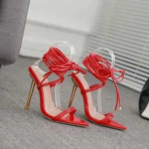 Romboom Women Fashion Sexy Solid Color PU Bandage Stiletto Heel Sandals