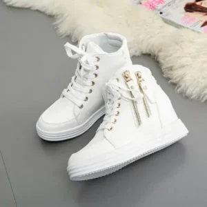 Romboom Women Fashion Solid Color Side Zipper Lace-Up Round Head Thick-Soled Sneakers