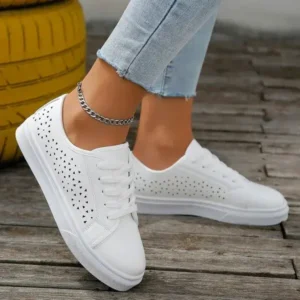 Romboom Women Fashion Solid Color Plus Size Hollow Lace-Up Round-Toe Sneakers