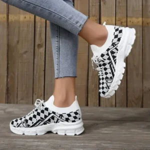 Romboom Summer Women Fashion Casual Geometric Print Fly-Woven Lace-Up Sneakers