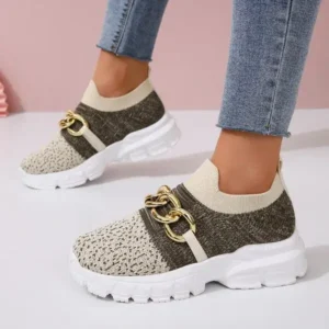 Romboom Women Fashion Color Block Metal Chain Thick-Soled Breathable Fly-Woven Sneakers