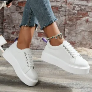 Romboom Women Fashion Solid Color Round-Toe Lace-Up Thick-Soled Sneakers