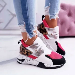 Romboom Women Casual Leopard Printed Patchwork Lace Up Sneakers