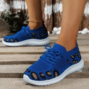 Romboom Women Fashion Casual Leopard Print Round Toe Fly-Woven Stretch Sneakers