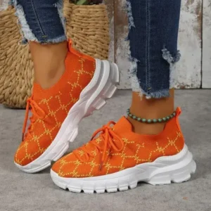 Romboom Women Fashion Plus Size Casual Flying Woven Lace-Up Round Toe Sneakers