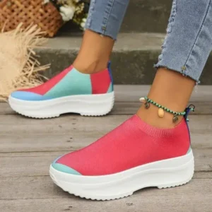 Romboom Women Fashion Casual Color Blocking Fly-Woven Thick-Soled Sneakers