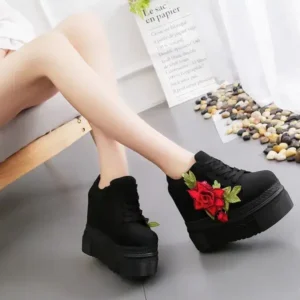 Romboom Women Fashion Casual PU Floral Printed Thick-Soled Lace-Up Canvas Sneakers