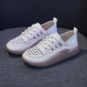 Romboom Women Fashion Casual Solid Color PU Lace-Up Hollow Breathable Sneakers