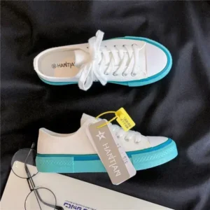 Romboom Women Fashion Cream Blue Canvas Lace-Up Sneakers